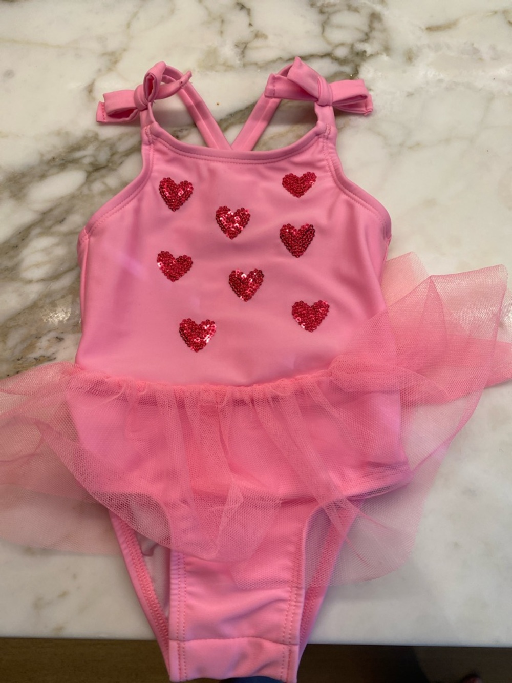 Cat & Jack Pink Tulle One-Piece Swimsuit with Red Sequin Hearts